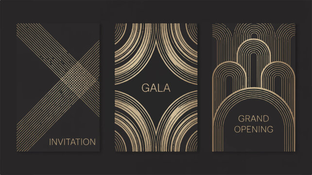 Luxurious trio of elegant abstract Art Deco templates with golden geometric patterns on a sophisticated dark background, ideal for premium event invitations and upscale branding designs