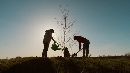 Family silhouette planting tree at sunset outdoors