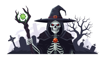 Spectral Sorcerer: An enchanting illustration of a skeletal sorcerer, cloaked in mystery, wielding a staff, against a backdrop of a haunted graveyard.