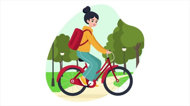 Girl Riding a Bicycle in the City 2D Flat Animation MP4 file