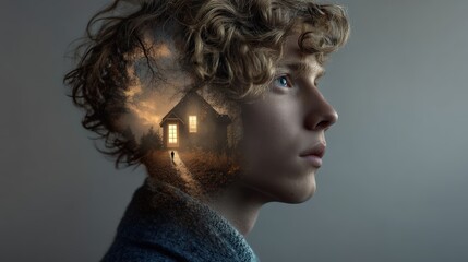 Double exposure conceptual portrait side profile