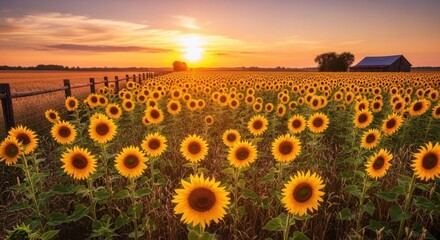 Obraz premium Stunning sunflower field under a golden sunset sky creating a warm and glowing atmosphere
