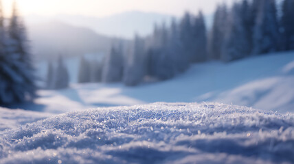 Obraz premium Frosty snow crystals in winter forest landscape at sunrise. Copy space