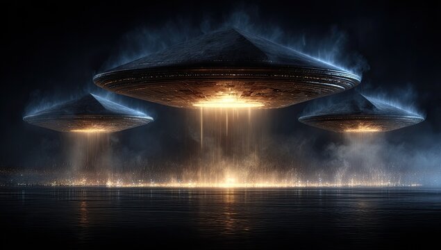 Three metallic UFOs hover over a night scene, emitting light and smoke
