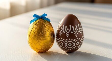 Two Chocolate Easter Eggs, Gold and Dark Brown, Festive Decor.