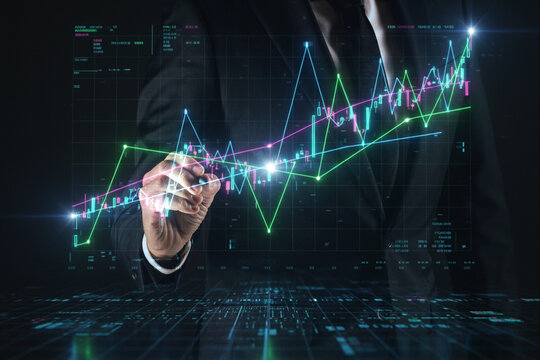 Guiding Growth: Business Professional Interacting with Luminous Market Trends diagrams. Financial Concept
