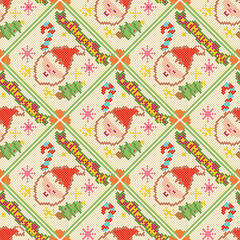 Cute pixel Christmas pattern with Santa Claus faces, candy canes, Christmas trees, and stars, perfect for holiday wrapping paper, festive fabric, and seasonal decoration projects.