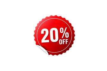 Red circular badge with bold 20% OFF text in white, isolated on white background for discount, promotion, and retail marketing designs