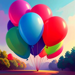 Colorful balloons against a vibrant sky over a landscape