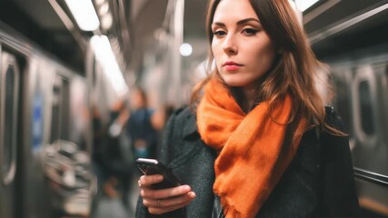 Focused commuter stands in subway car during peak hours with smartphone - Powered by Adobe