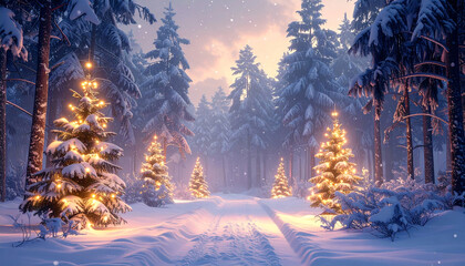 Snow Covered Pine Trees Decorated with Glowing Christmas Lights in Winter Forest, Festive Holiday Scene with Fairy Lights, Frosty Landscape, Peaceful Seasonal Decoration Background