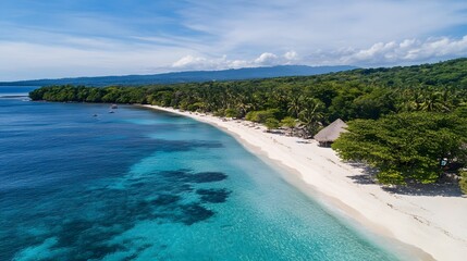 Aerial view of a serene tropical beach with white sand, clear waters, and lush greenery in the background