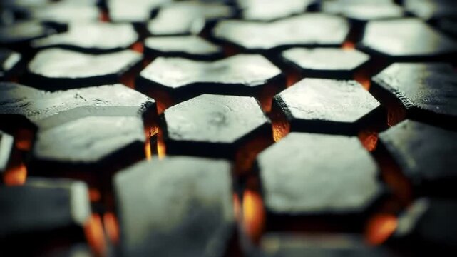 Molten rock erupting through hexagonal grid