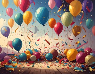 Colorful balloons and confetti fill the air over a party floor