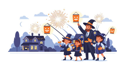 Halloween Night Procession: A family cheerfully parades down a street in a whimsical illustration, illuminated by jack-o'-lanterns against a backdrop of fireworks.