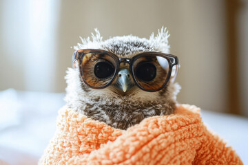 Cute Owl Wearing Glasses Wrapped in Towel