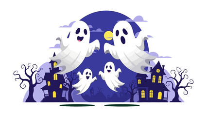 Whimsical Halloween Specter: A whimsical illustration of Halloween, featuring jovial specters dancing amidst haunted houses under the watchful gaze of a full moon.
