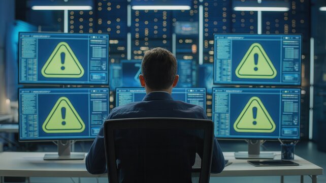 A security engineer monitors multiple computer screens displaying warning signs in a data center environment.