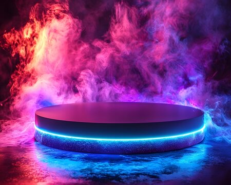 A futuristic podium is surrounded by vibrant neon smoke in pink purple and blue creating a dramatic atmospheric stage - Powered by Adobe