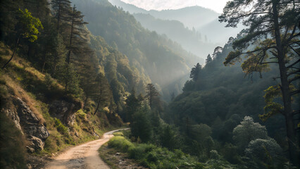 Fototapeta premium Winding dirt road through a lush green mountain valley with misty sunlight filtering through trees