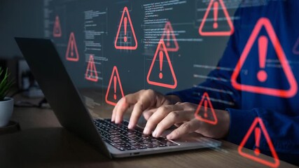 Cybersecurity professional actively coding with urgent red alert warnings flashing on screen symbolizing data breach or system error - Powered by Adobe