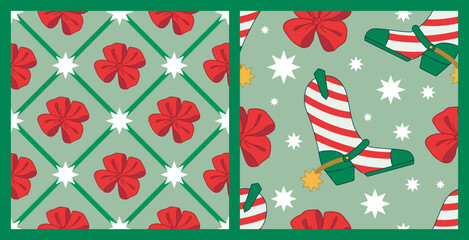 Cowgirl Christmas Seamless pattern set. Cowboy western theme, Boot like Christmas Candy canes, Bow in Red and Green Christmas Style. Hand-drawn vector print for Wrapping paper, New Year Party.