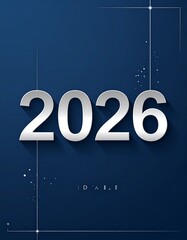 Ein modernes, minimalistisches Neujahrs-Design für 2026. Weiße und silberne Zahlen „2026“ auf schlichtem dunkelblauen Hintergrund