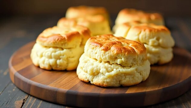 Flaky buttermilk biscuits fresh from oven with golden crust resting on rustic wooden board 