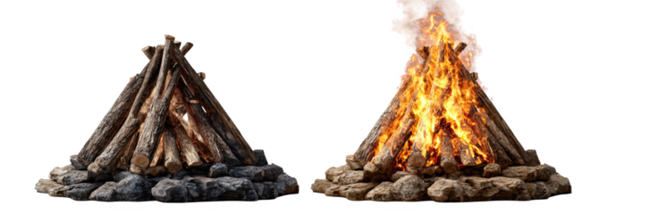 A vibrant bonfire with roaring flames against a backdrop of wooden logs