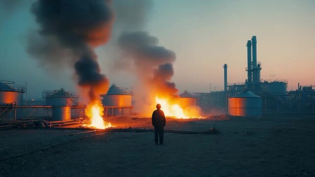 over-the-shoulder worker silhouette multiple chemical tanks rupture explode succession towering fire pillars, dense black smoke morphs long molten sparks, glowing billowing steam early evening fog