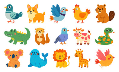 PNG Colorful cartoon animal illustrations, element set on transparent background