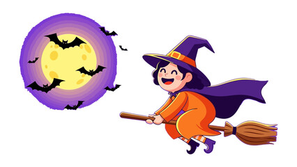 Halloween Witch on Broom: A cheerful witch, silhouetted against the backdrop of a glowing full moon and darting bats, flies high on her trusty broom, embodying the spirit of Halloween.