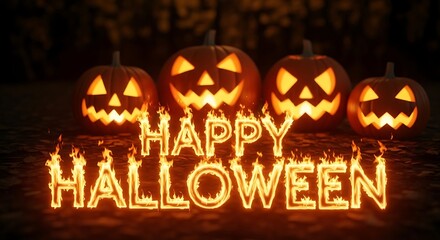 Illuminated orange-and-black text, "Happy Halloween," created in a fiery effect, is set against a dark background with jack-o'-lanterns.