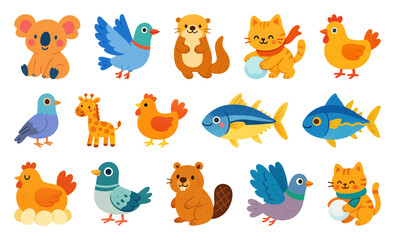Obraz premium PNG Colorful cute animal illustrations, element set on transparent background