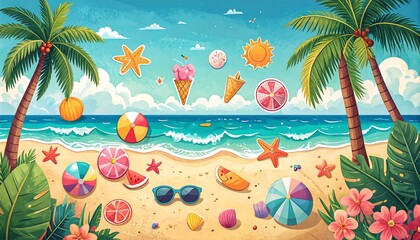Colorful beach scene with summer elements