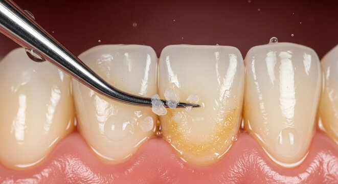 Dental scaler cleaning plaque from human teeth close up