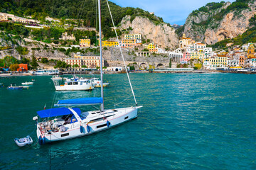 Beautiful view of  Amalfi coast, Italy. Amalfi town with colorful architecture on the rocks