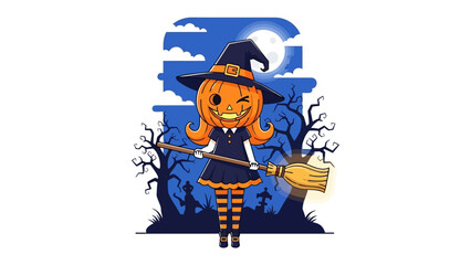 Pumpkin Witch in Moonlight: A whimsical depiction of a cheerful pumpkin witch stands against a moonlit backdrop, broom in hand, ready to cast spells.
