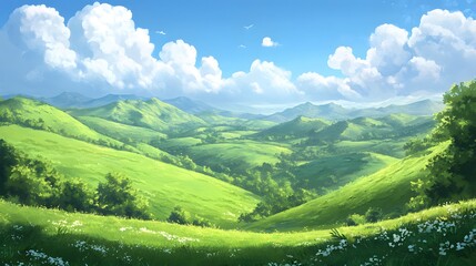 Lush green hills under a bright blue sky with fluffy clouds, creating a serene landscape scene