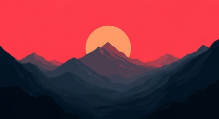 Sunrise over a mountain range, vibrant colors, serene landscape.