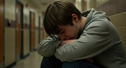 Bullying scene in middle school — teenage boy sitting in hallway crying with head in hands. Teenage problems and school issues