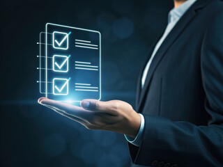 Checklist digital interface glowing above hand with business person in suit