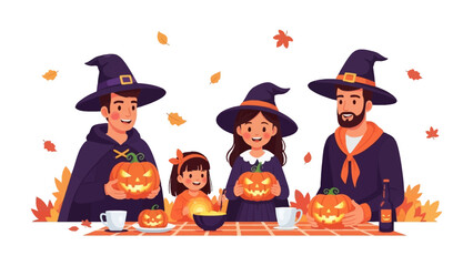 Family Halloween Feast: A charming family is captured in an illustration, gathered together with carved jack-o'-lanterns, festive attire, and shared joy. It's a celebration of Halloween.