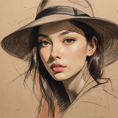 elegant young woman portrait drawing style hat