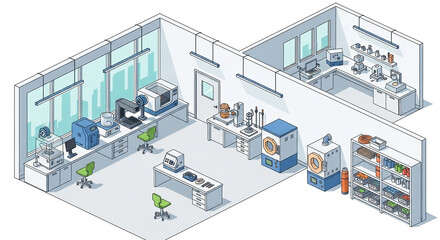 Isometric view of a modern dental laboratory with equipment