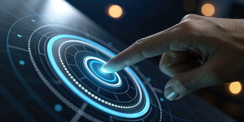 Finger touching futuristic digital interface with glowing circular holographic elements
