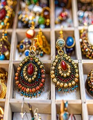 Colorful beaded earrings displayed in wooden boxes