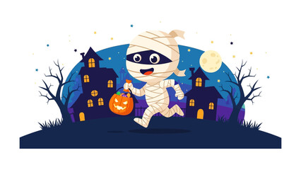 Enchanting Mummy's Halloween Adventure: A cheerful mummy cheerfully runs through the night with a jack-o'-lantern, navigating a whimsical Halloween scene brimming with eerie houses, gnarled trees.