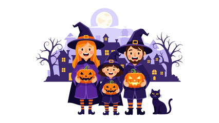 Spooky Family's Halloween Night Out: A whimsical illustration capturing a witchy family's playful preparation for Halloween night.