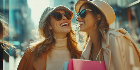 Joyful friends shopping together in the city | Stylish women enjoying a shopping day out | Fashionable best friends with shopping bags laughing outdoors